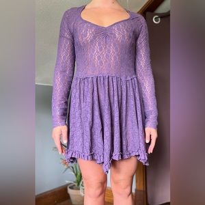 Free People Purple Long Sleeve Lace Slip Mini Dress